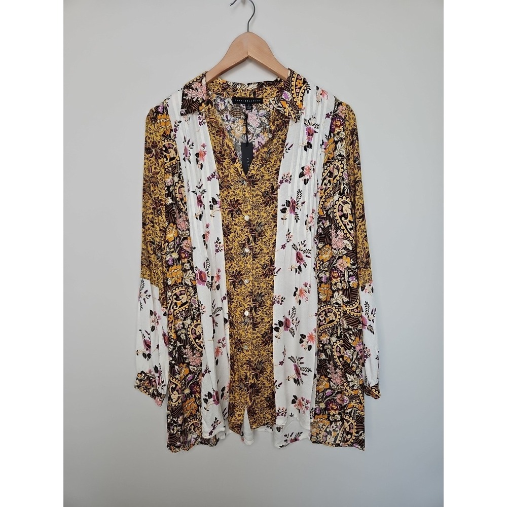 Jane + Delancey Blouse M Pink Mustard Floral Block CottageCore Feminine Boho